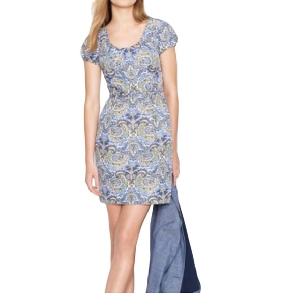 J.Crew Paisley Print Dress Size 6 Blue Green Yellow Scoop Neck Short Sleeve - Picture 1 of 6